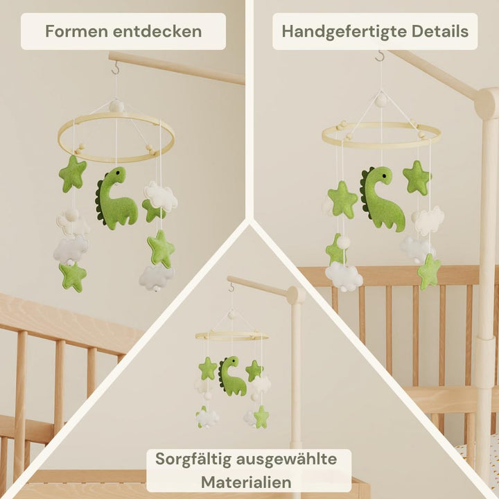 Waldino Baby Mobile Babybett, handgemachtes Filz Babymobile mit Dino, Sternen und Wolken, Mobile Bab