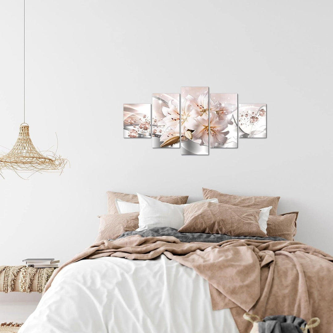 Runa Art Wandbilder Blumen Lilien 5 Teilig Bild auf Vlies Leinwand Deko Wohnzimmer Diamant Beige Gra