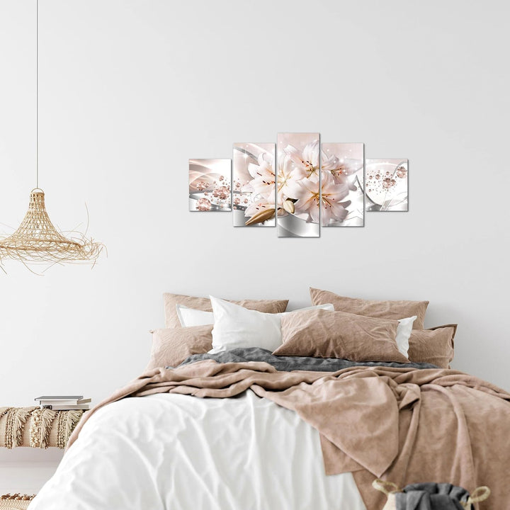Runa Art Wandbilder Blumen Lilien 5 Teilig Bild auf Vlies Leinwand Deko Wohnzimmer Diamant Beige Gra