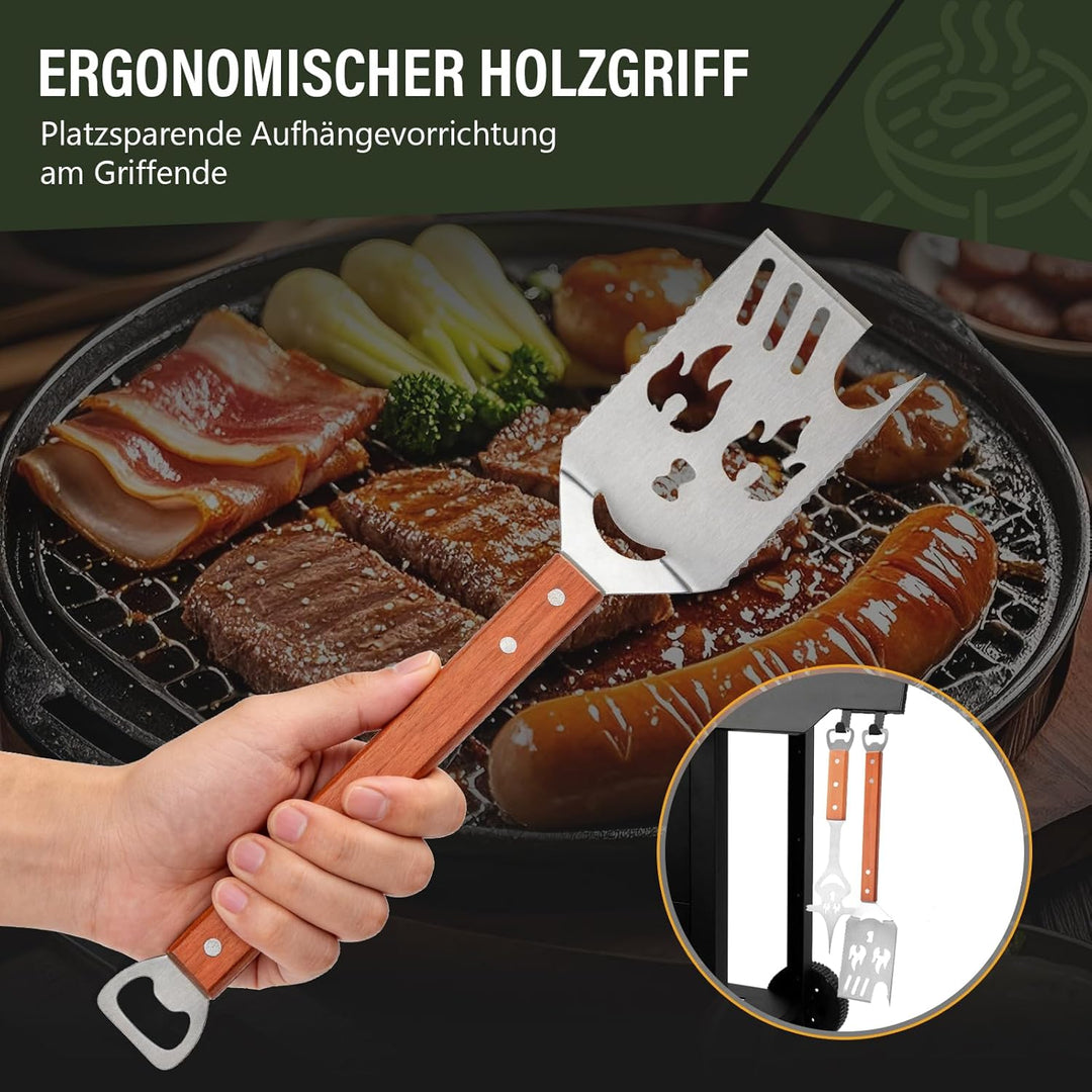 4 Stück Grillbesteck, Grill Zubehör Set mit Grillzange, Grillwender, Fleischgabel, Holzgriffen und A
