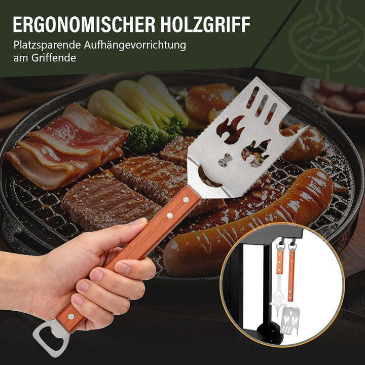 4 Stück Grillbesteck, Grill Zubehör Set mit Grillzange, Grillwender, Fleischgabel, Holzgriffen und A