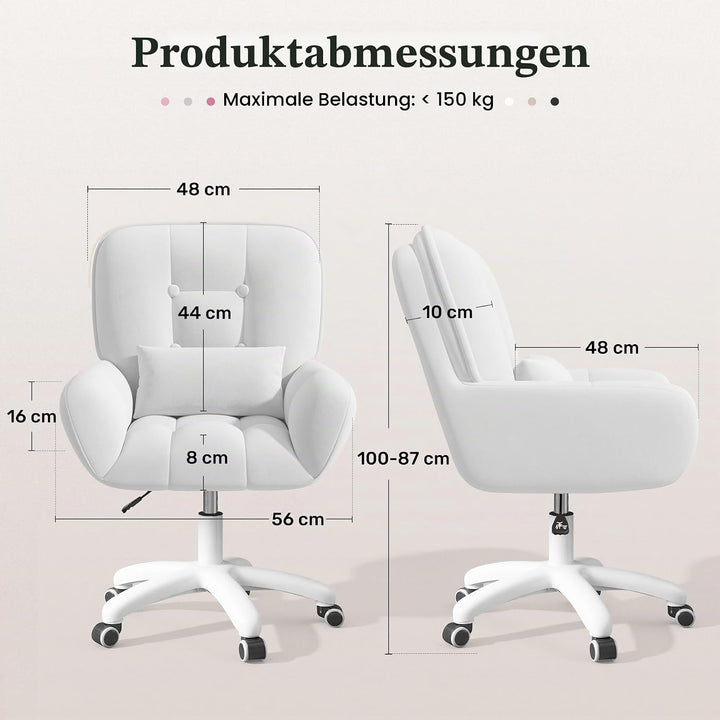 Bürostuhl Samt mit Kissen Schminktischstuhl Weiss | Höhenverstellbar,360°Drehfunktion, bis 150kg,Sam