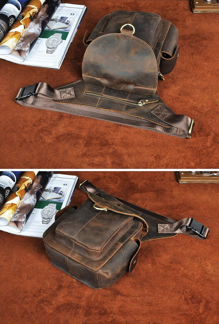 Le'aokuu Herren Echtes Leder Tasche Schultertasche Gürteltasche Beinbeutel Beintasche Hüfttasche Dro