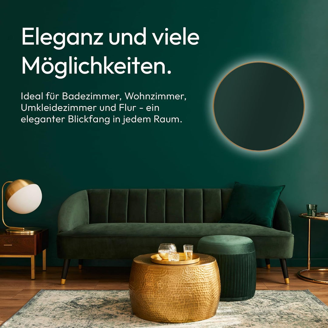 Talos golden Light Spiegel rund Ø 80 cm – runder Wandspiegel in matt Gold – Badspiegel rund mit hoch
