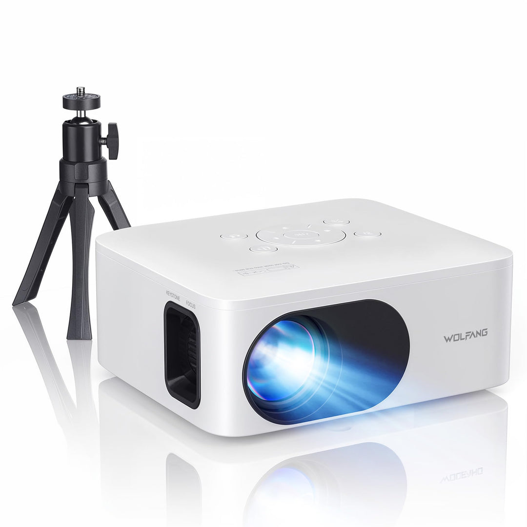 WOLFANG Mini Beamer mit Stativ, Full HD 1080P Unterstützt Beamer Handy Tragbarer, Outdoor Beamer Hei