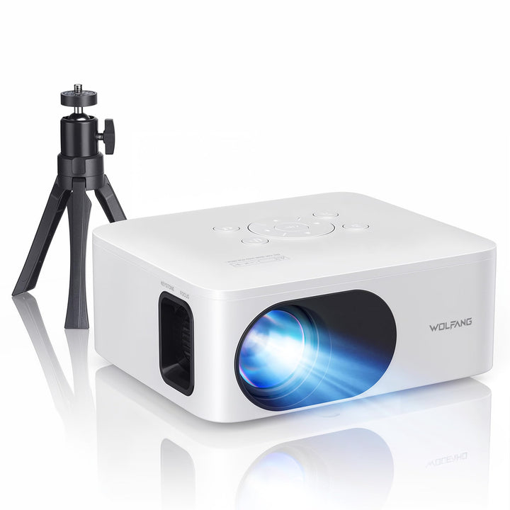 WOLFANG Mini Beamer mit Stativ, Full HD 1080P Unterstützt Beamer Handy Tragbarer, Outdoor Beamer Hei
