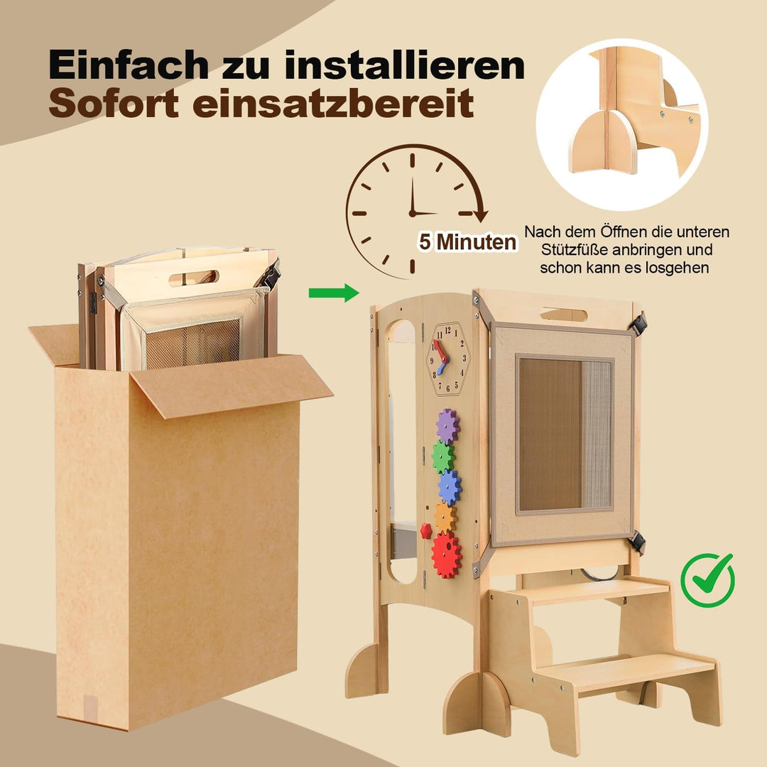 Lernturm ab 1 jahr, 5 in 1 Multifunktional Lernturm für Kinder, Montessori Learning Tower mit Tafel,