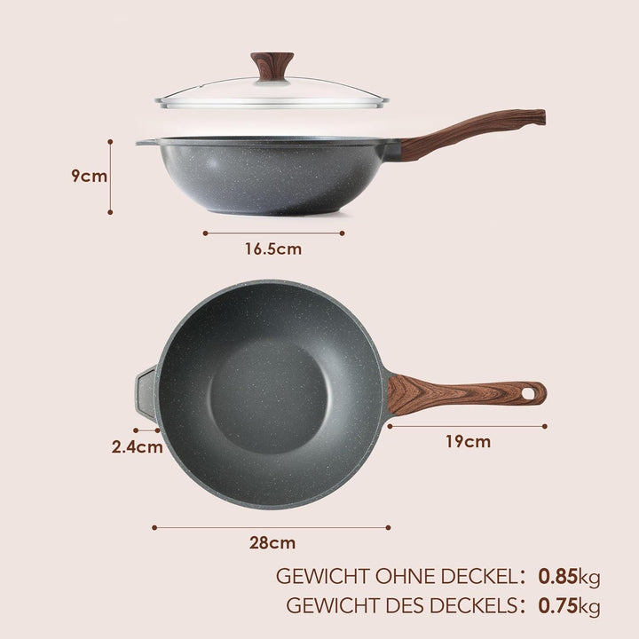 SENSARTE Antihaft Pfanne 28cm, Tiefe Wokpfanne mit Deckel, Schweizer Granitbeschichtung Kochpfanne G