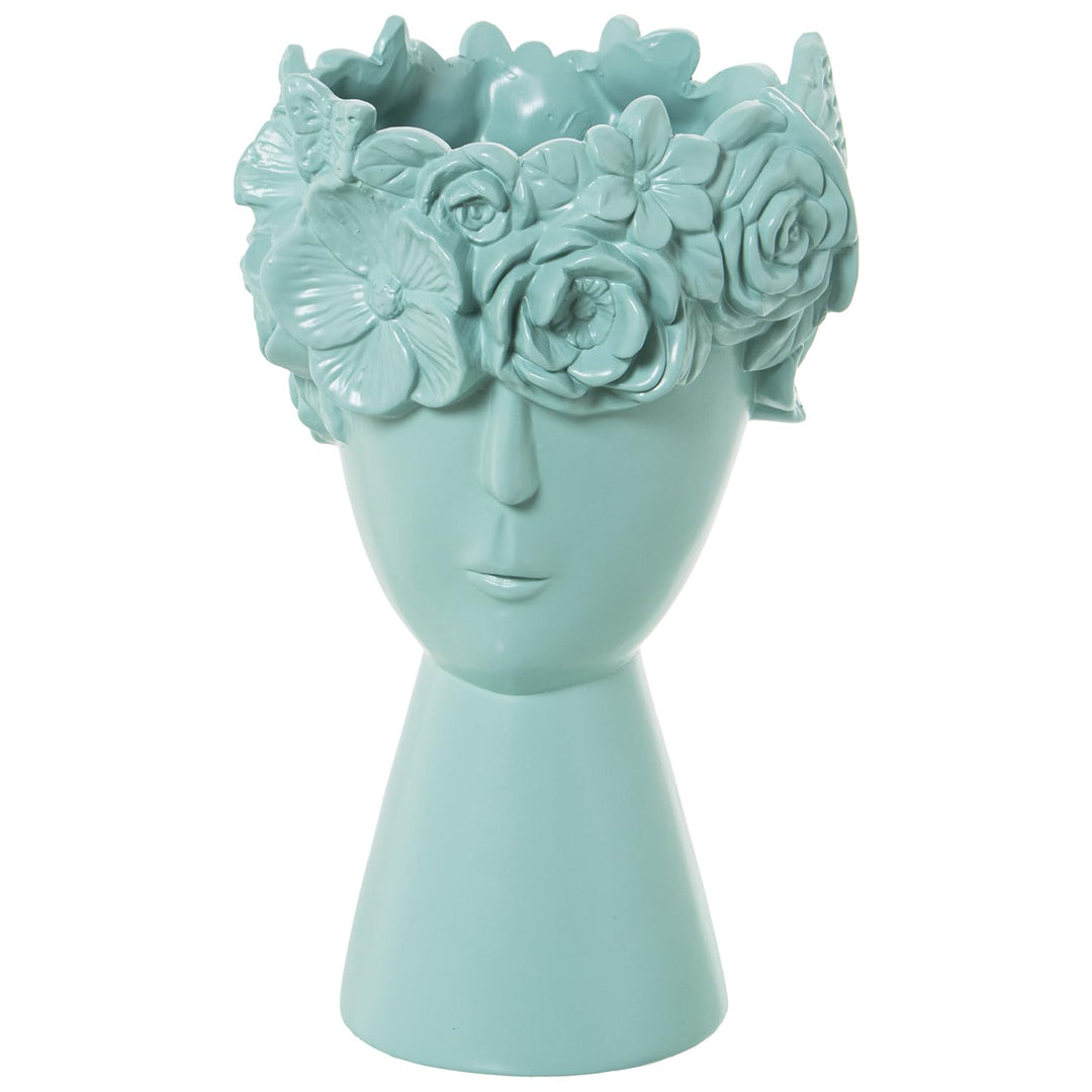 Vase mit Gesicht und Blumen aus Keramik in Aquamarin, matt, 17 x 28 cm, Basis 11 cm