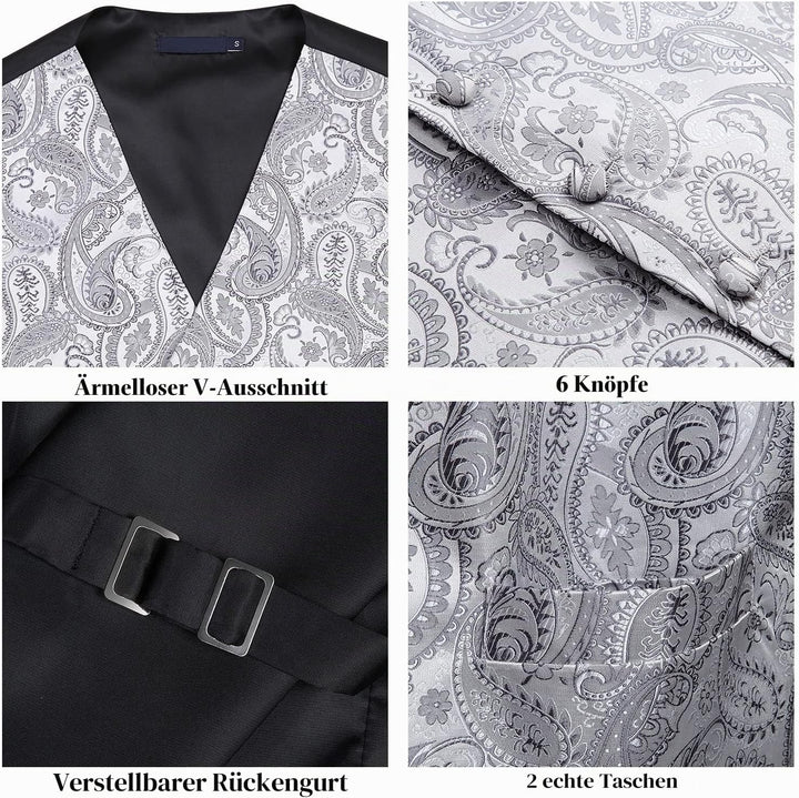 Enlision Herren Paisley Floral Jacquard Weste & Krawatte und Pocket Square Weste Anzug Set XS Grau,