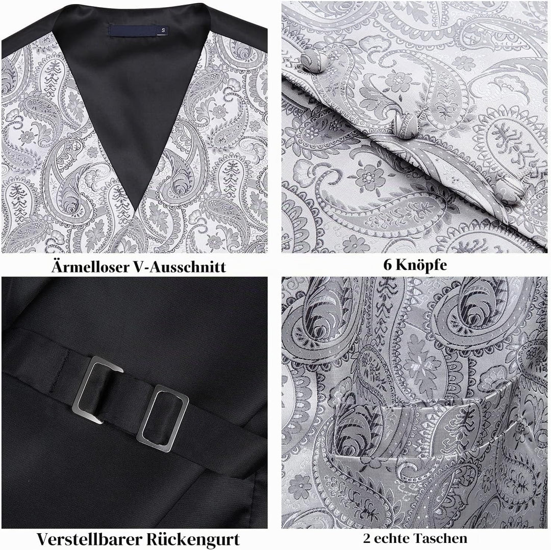 Enlision Herren Paisley Floral Jacquard Weste & Krawatte und Pocket Square Weste Anzug Set S Grau, S