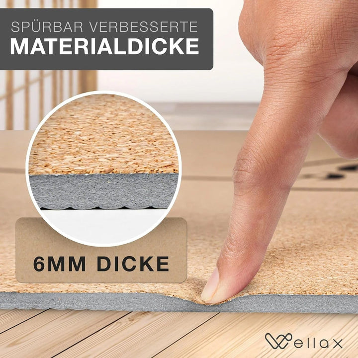 Wellax Yogamatte Kork - 100% natürliche Yogamatte rutschfest [183x66x0,6 cm] - Besonders dick &amp; scha