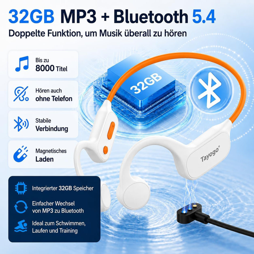 Tayogo Knochenschall Kopfhörer – Wasserdichte Schwimmkopfhörer mit Bluetooth &amp; 32GB MP3, IPX68 Unter