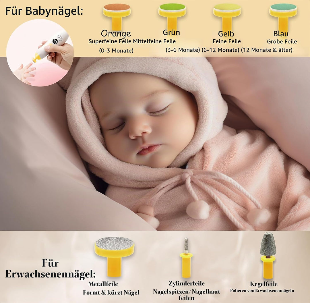 Wiederaufladbarer Baby-Nagelschneider 22 in 1, elektrische Nagelfeile, zusätzliche 13 Ersatzstücke,