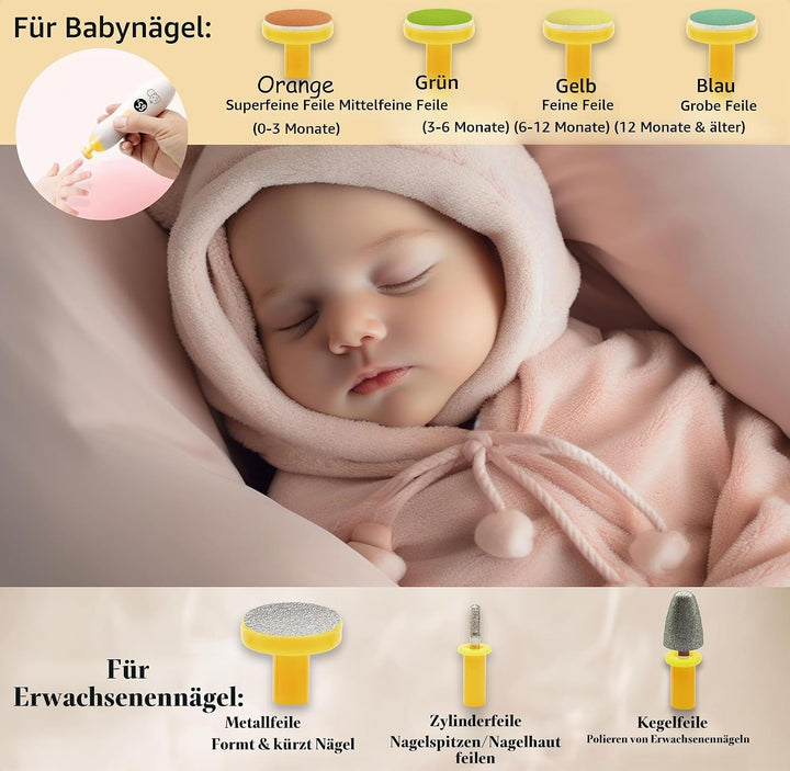 Wiederaufladbarer Baby-Nagelschneider 22 in 1, elektrische Nagelfeile, zusätzliche 13 Ersatzstücke,