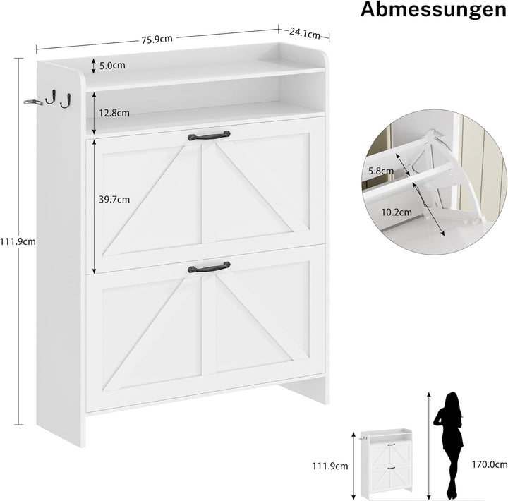 Schuhschrank mit 2 Klappen, Schuhkipper, Schuhschrank Schmal mit Trennwände verstellbar und abnehmba