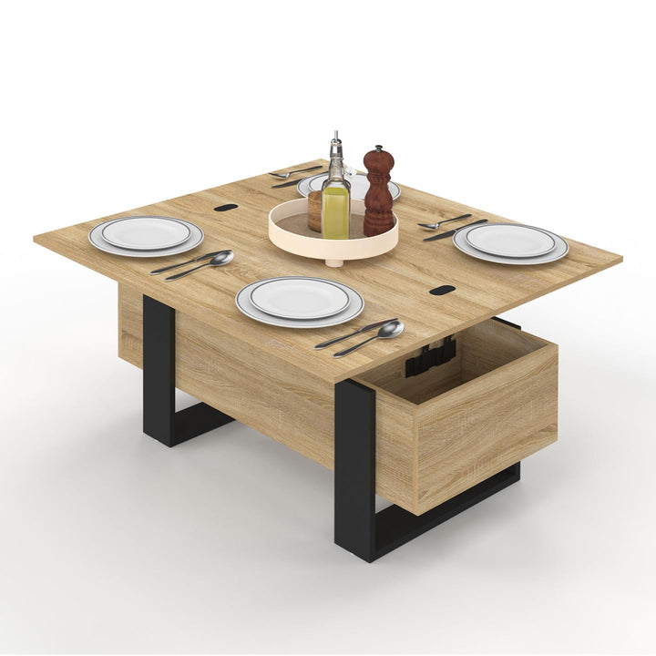 IDMarket - Rechteckiger Couchtisch, klappbar, umwandelbar in einen Esstisch Phoenix, Holz und Schwar