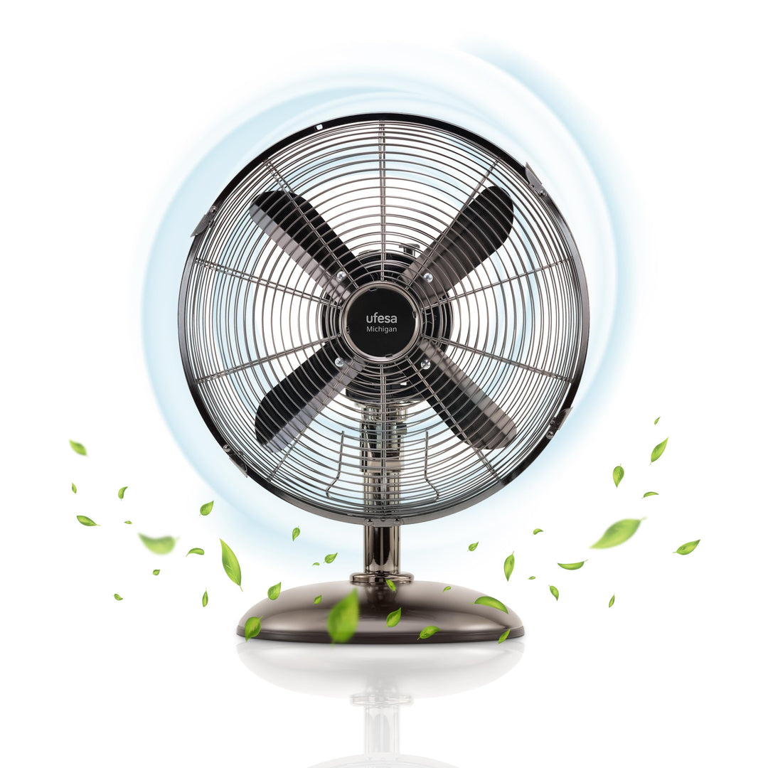 UFESA Michigan Mini Tischventilator Oszillierend, 40W, 3 Geschwindigkeiten, 4 Blätter 30cm, Metallic