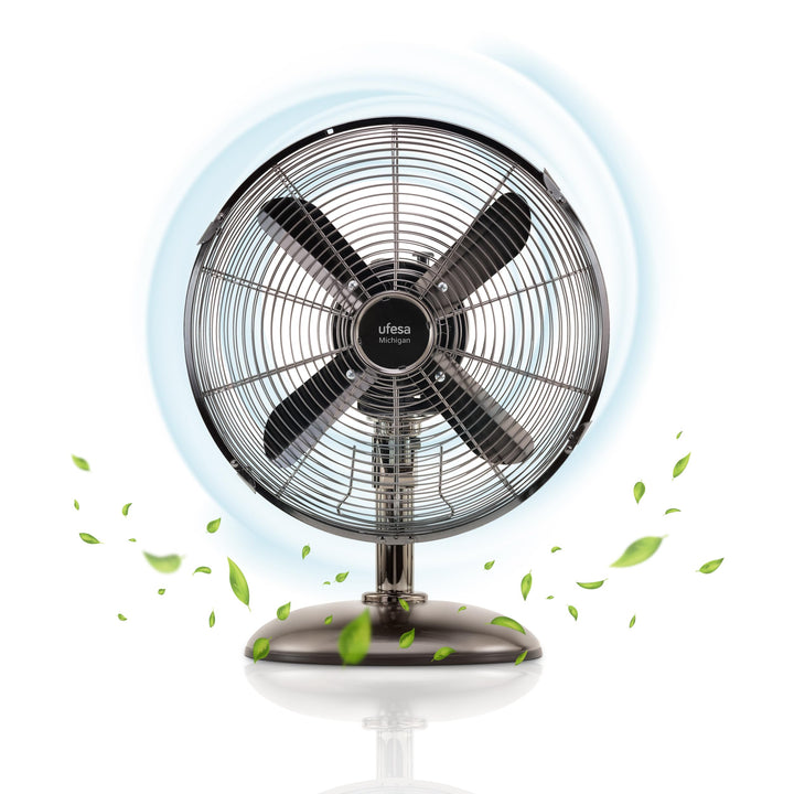 UFESA Michigan Mini Tischventilator Oszillierend, 40W, 3 Geschwindigkeiten, 4 Blätter 30cm, Metallic
