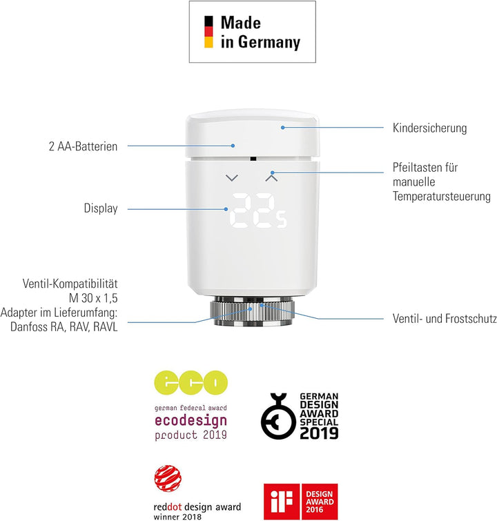 Eve Thermo - Smartes Heizkörperthermostat, Made in Germany, spart Heizkosten, Heizungssteuerung (App