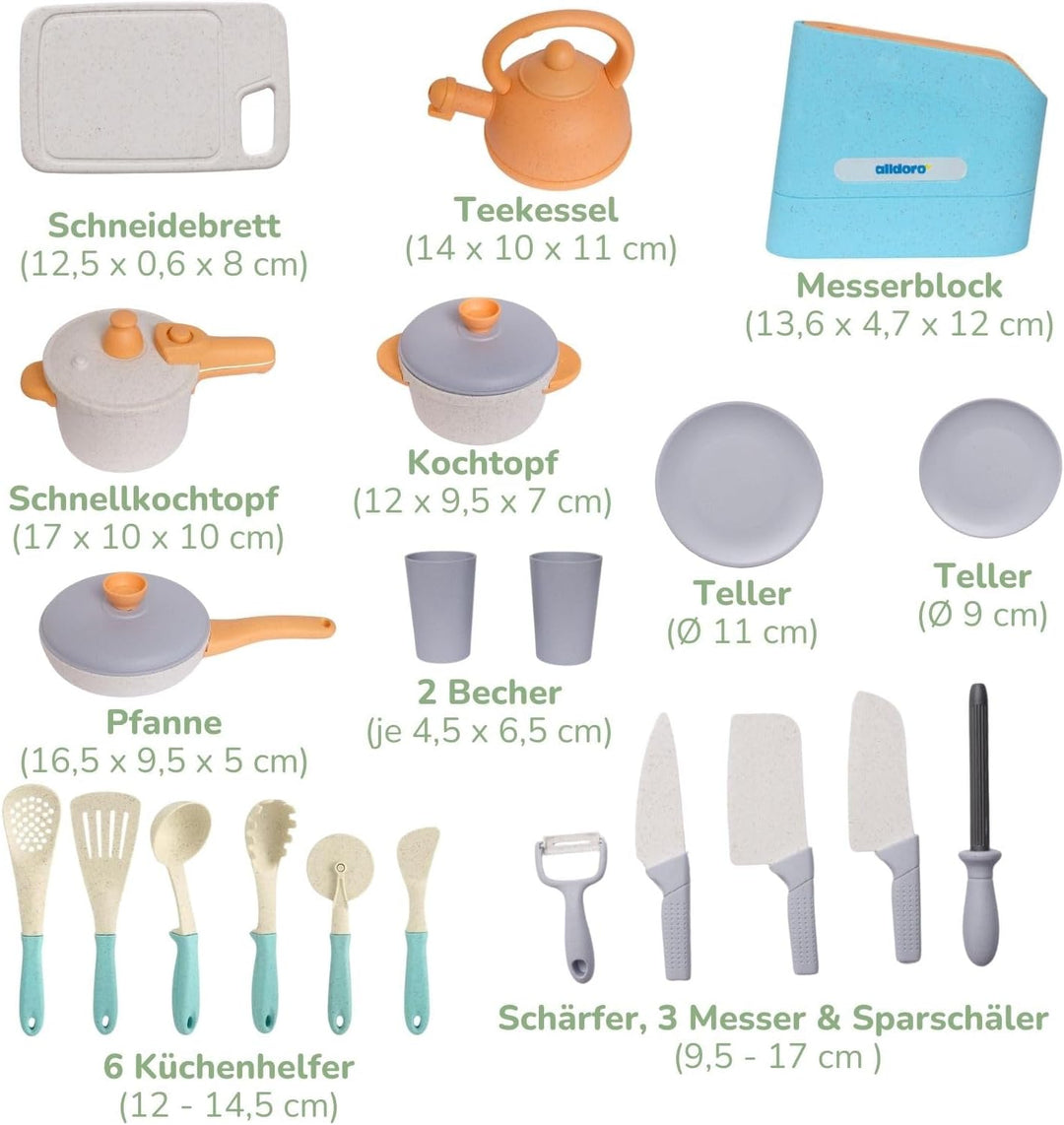 alldoro 68725 Koch- & Geschirrset mit Messerblock für Kinderküchen, 21 Teile aus nachhaltigem Kunsts