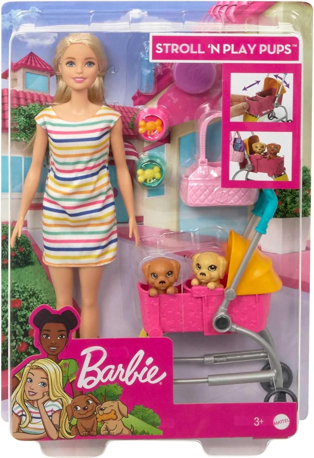 Barbie GHV92 - Hundebuggy Spielset mit Blonder Puppe (ca. 30 cm), 2 Hündchen, einem Buggy für die Hü