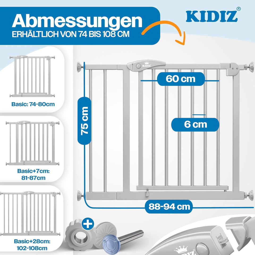 KIDIZ Treppenschutzgitter ohne Bohren | Verstellbare Breite: 88-94 cm, 75 cm hoch, Türschutzgitter u