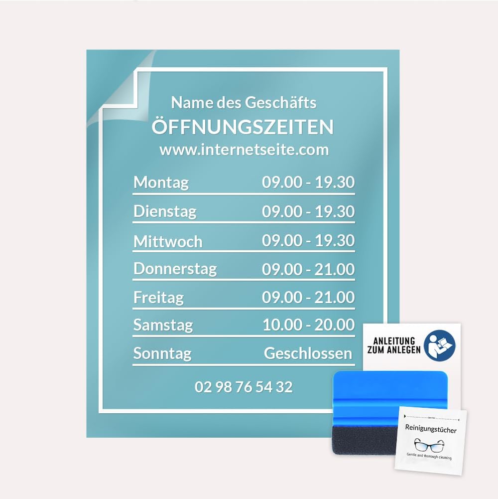 Öffnungszeiten Aufkleber für Schaufenster, personalisierbar (Design 1), Design 1
