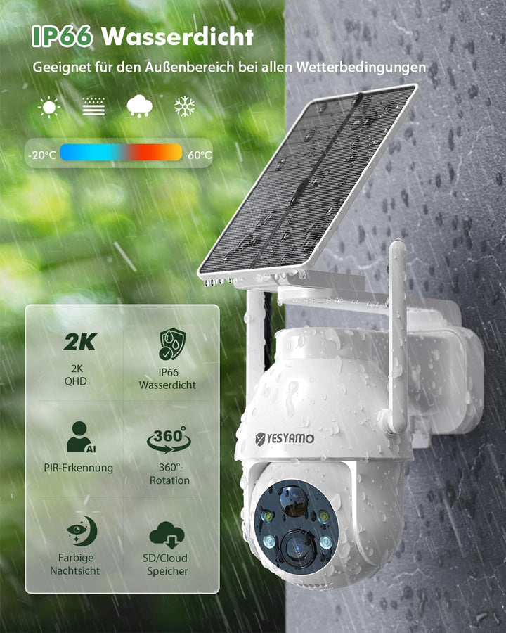 YESYAMO 2K Überwachungskamera aussen solar, 2,4 GHz WLAN Kamera Outdoor | 360° PTZ Solar Kamera, Far