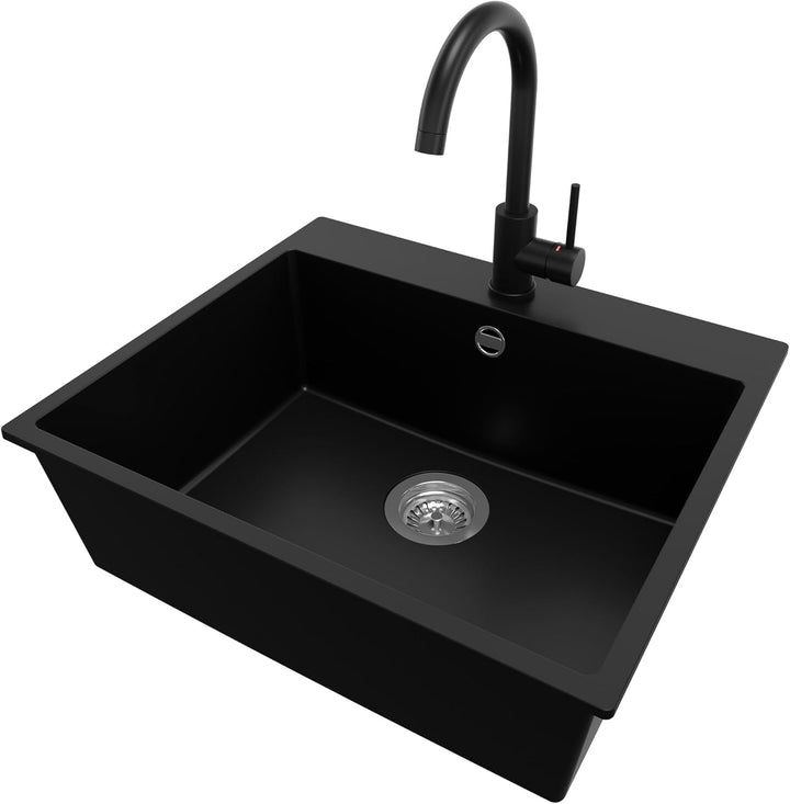 Spülbecken Schwarz 58x50 cm, Granitspüle 1 Becken + Ablauf-Set + Küchenarmatur, Küchenspüle ab 60er