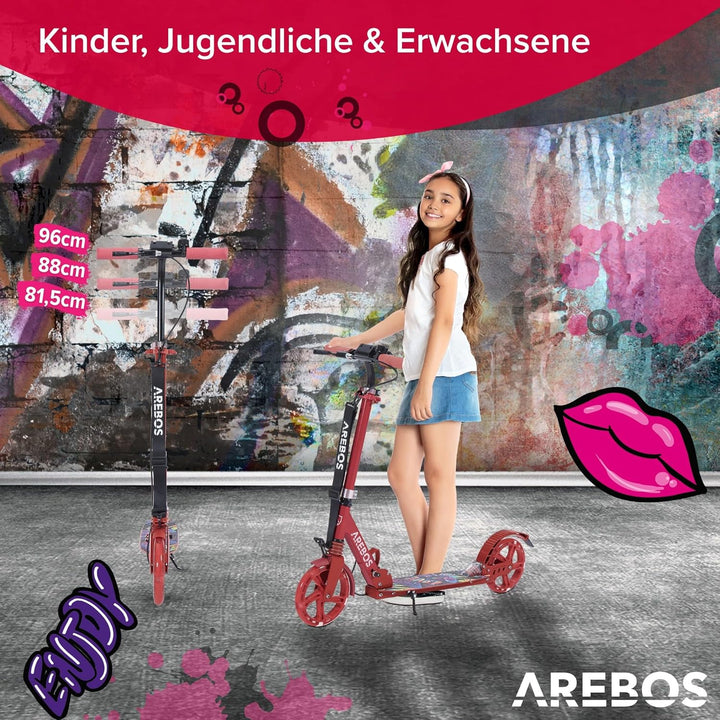 Arebos Cityroller Tretroller mit LED | höhenverstellbar | klappbar | inkl. Tragegurt | Hand- & Tritt