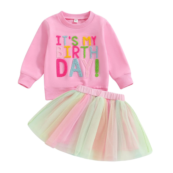 MAHUAOYIXI Baby Mädchen Geburtstag Outfit Prinzessein Spitzen Rock Set Langarm Buchstaben Stickerei