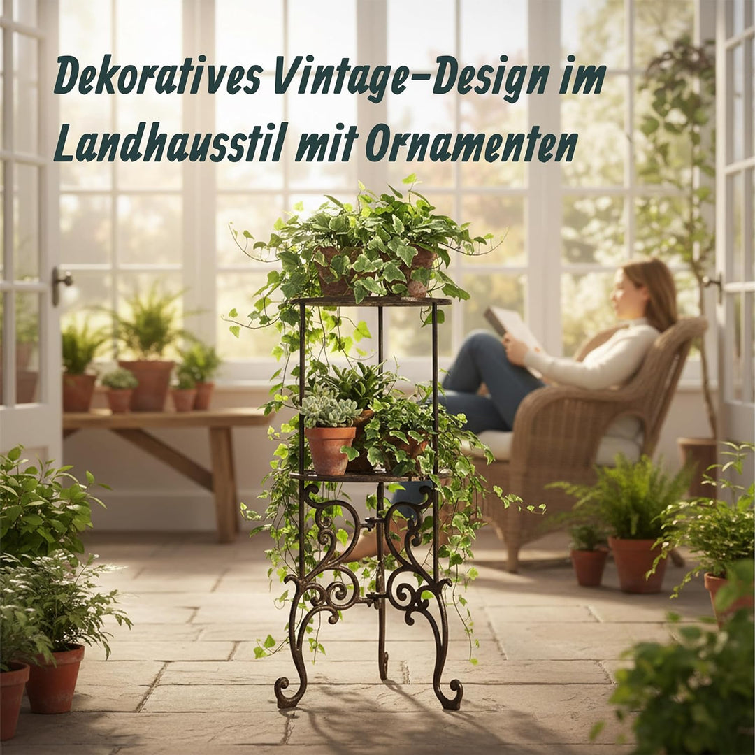 Relaxdays Pflanzenständer, Vintage, 2 Ablagen, Blumenstand Gusseisen, HxD: 66x27,5 cm, Pflanzenpodes