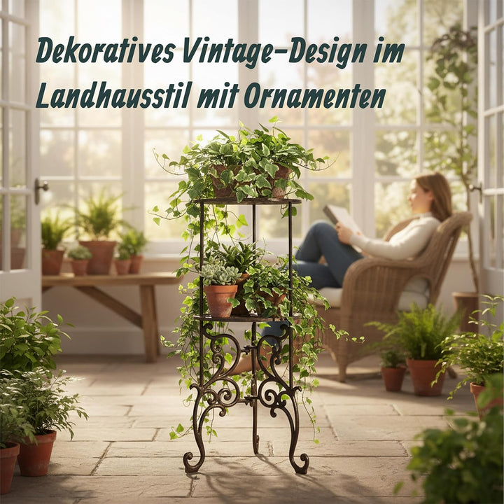Relaxdays Pflanzenständer, Vintage, 2 Ablagen, Blumenstand Gusseisen, HxD: 66x27,5 cm, Pflanzenpodes