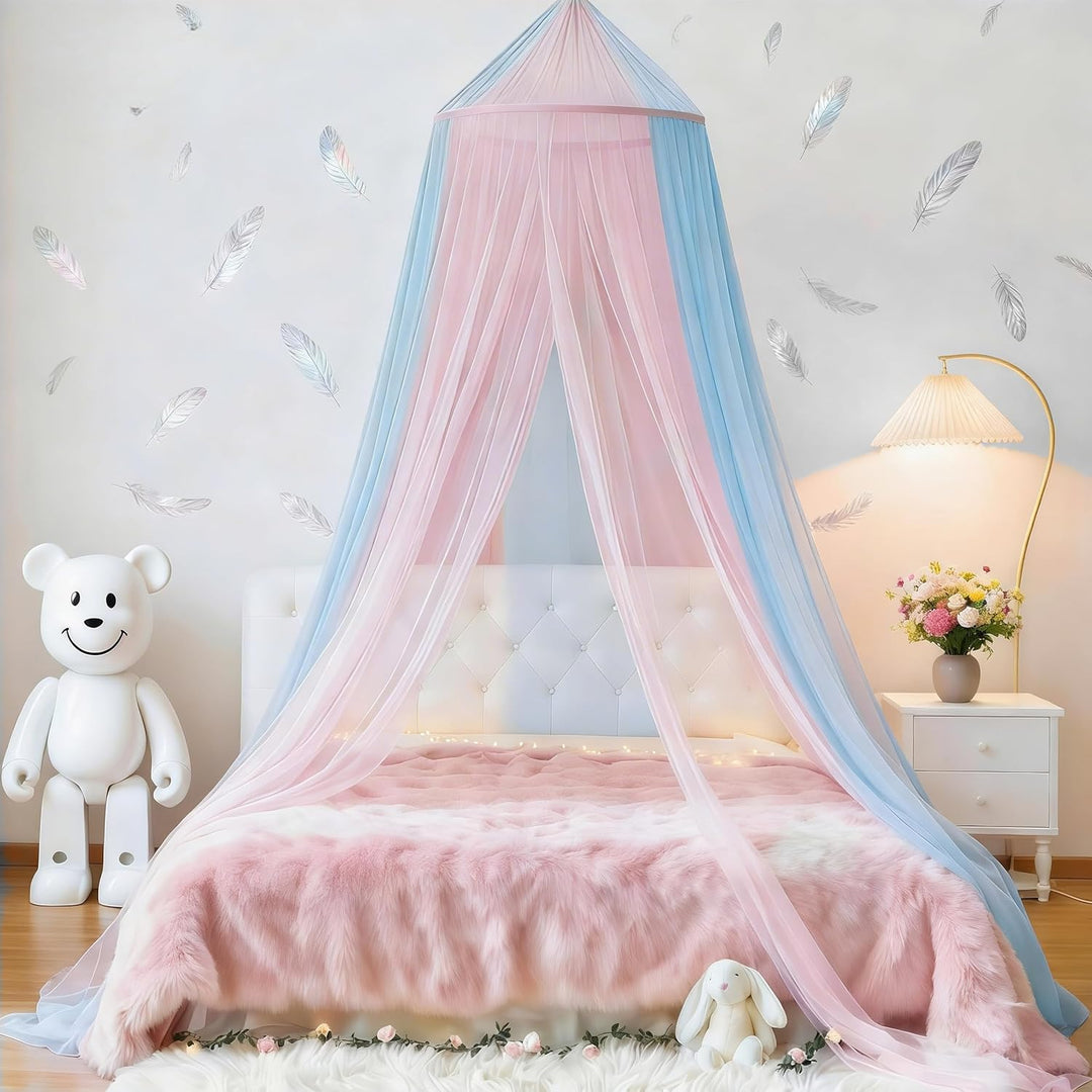 Zweifarbiger Betthimmel Moskitonetz rosa blau mit warmen Lichtern, Betthimmel für Mädchen Zimmerdeko