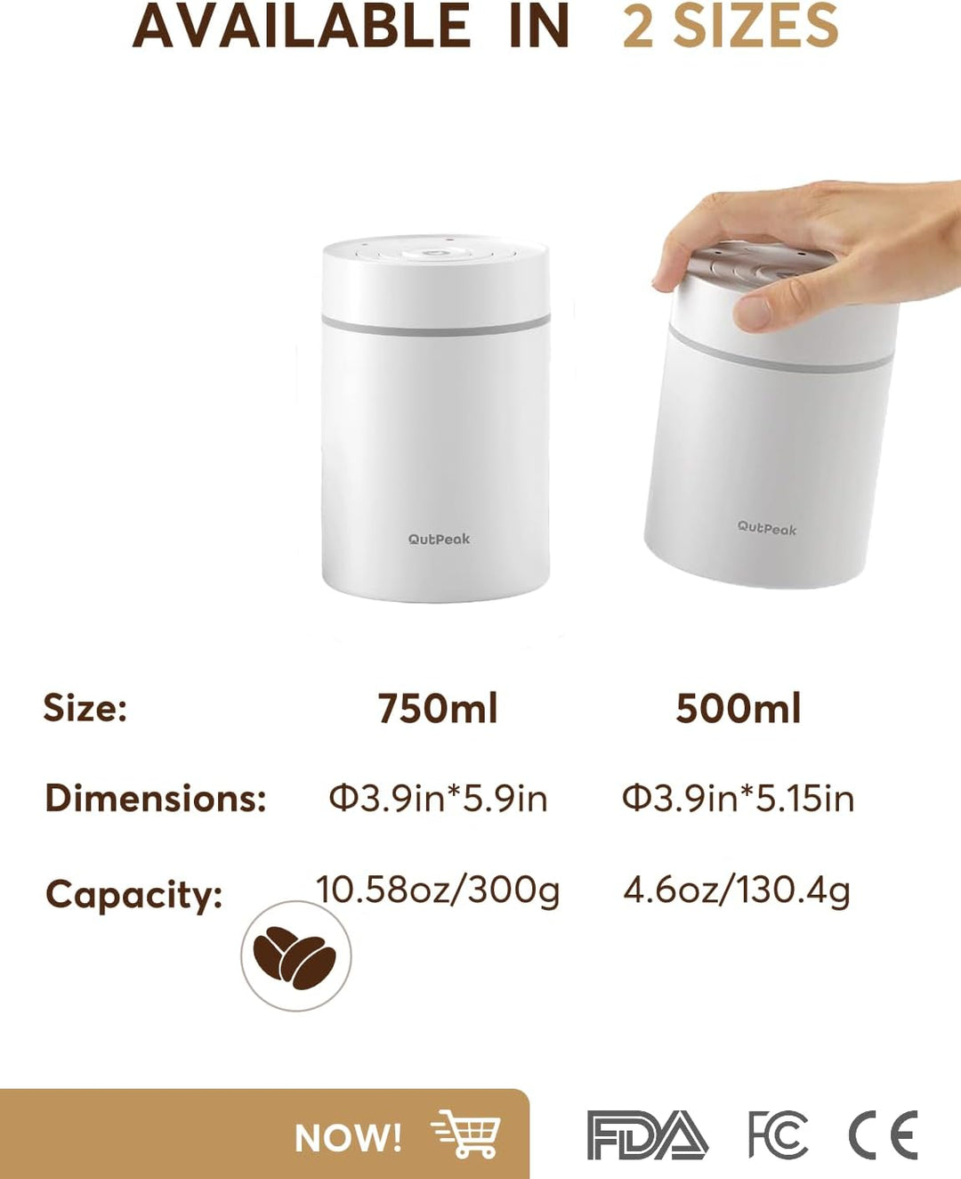 OUTPEAK Neo 2026 Auto Vacuum Coffee Canister, 0.75L Capacity for 249.5 g of Coffee Beans, One Button