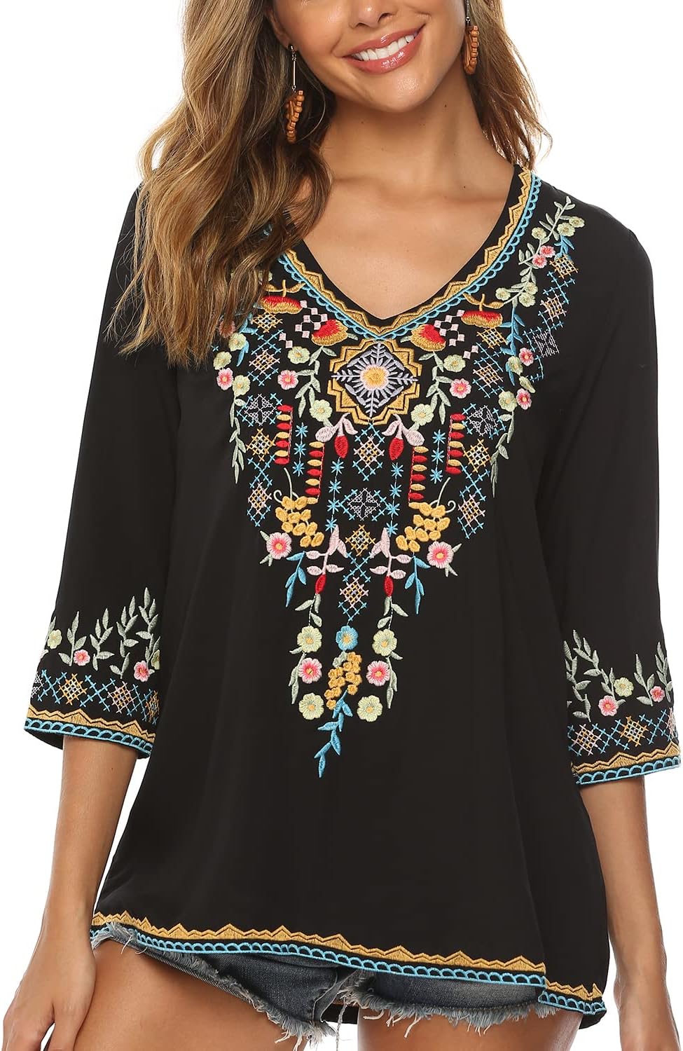 Hippie Kleidung Damen Bohemian Folklore Stickerei Bluse 3/4 äRmel V Ausschnitt Tunika Sommer LäSsige