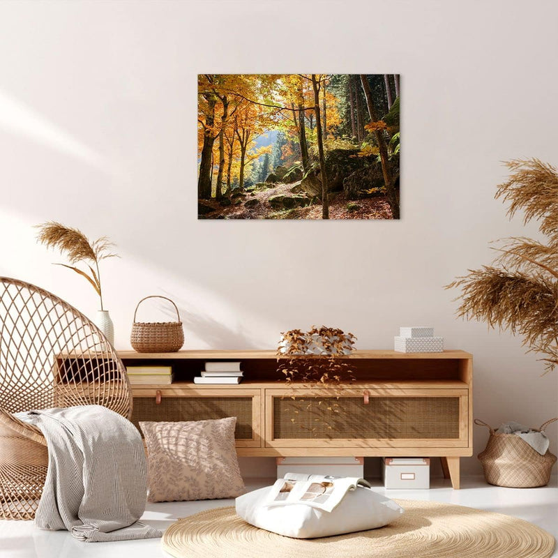 ARTTOR Bilder auf Leinwand Herbst berg wald natur Leinwandbild 70x50cm Wandbilder Dekoration Wohnzim