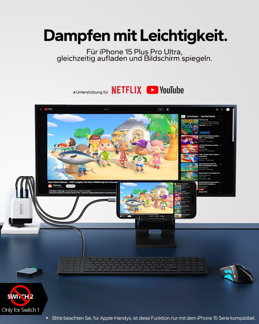 36W Switch Docking Station, für Nintendo Switch OLED/Steam Deck, Mini GaN Netzteil mit 3-Port (USB C