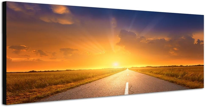 Paul Sinus Art Panoramabild auf Leinwand und Keilrahmen 150x50cm Wiesen Strasse Sonnenuntergang