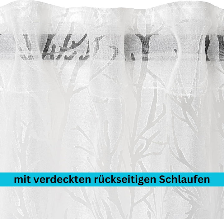 Moon 2er Pack Vorhang Ronny Gardine, Schlaufenvorhang ca. 260x140 cm mit Ausbrenner Äste Motiv - wei