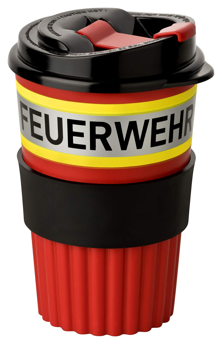 PACOTEX FEUERWEHR To-Go Coffee Becher rot mit gelb-silber-gelb Streifen in Feuerwehroptik, 350ml, mi