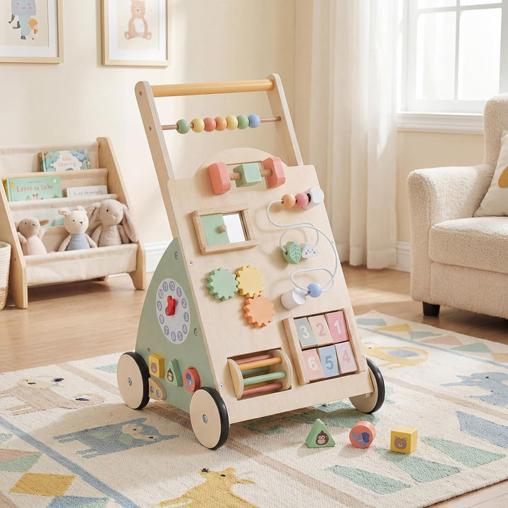 COSTWAY Baby Lauflernwagen Holz, Lauflernhilfe mit Activity Board, Rädern & Aufbewahrungskorb, Laufw