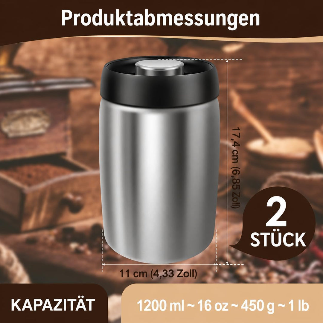 2 Stück Kaffeedose Luftdicht, 1,2L Kaffeebohnen mit Vakuumdeckel | Lebensmittelqualität 304 Edelstah