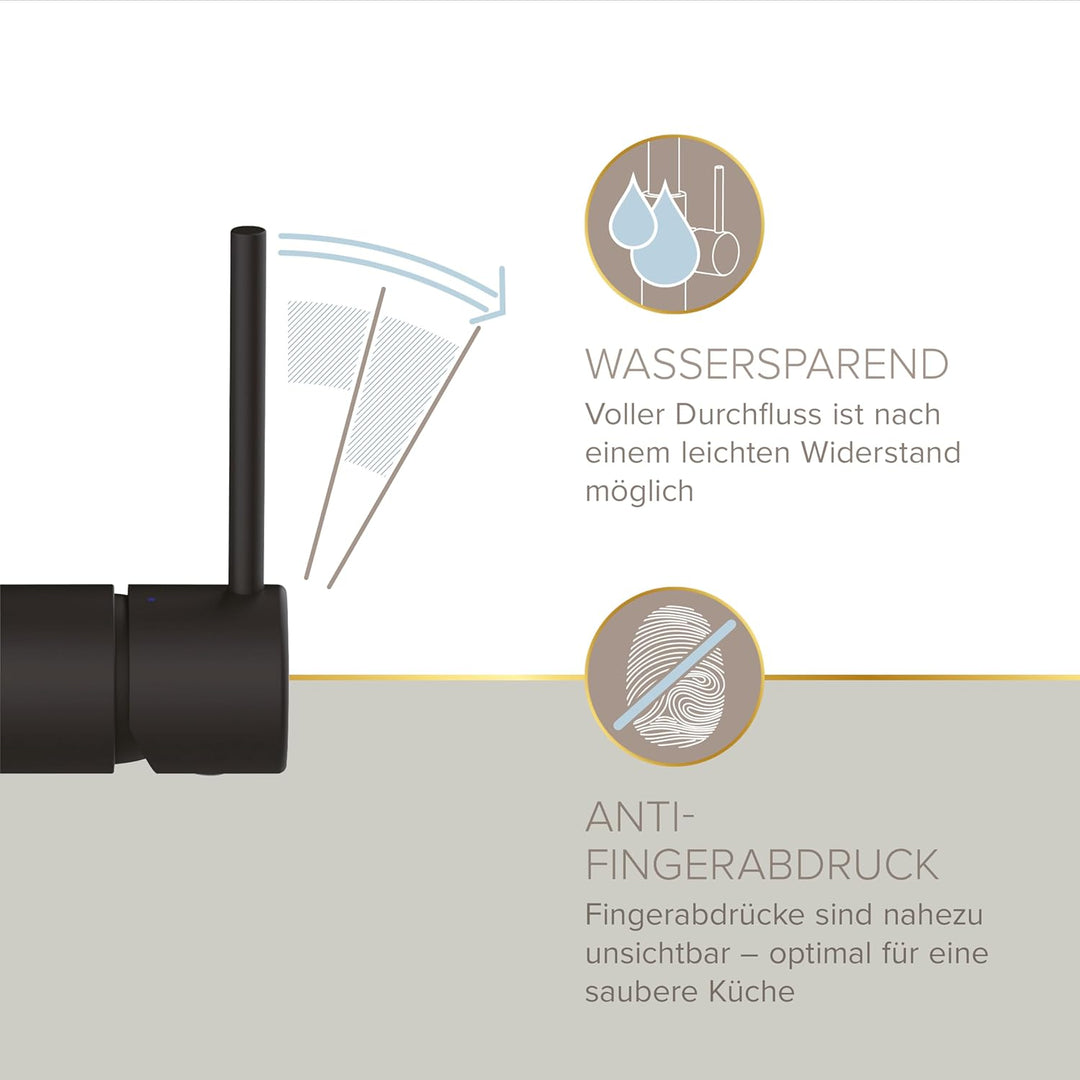 Lenz Küchenarmatur LIO Schwarz-matt – Hoher und 360° schwenkbarer Auslauf | Spültischarmatur mit 2-M