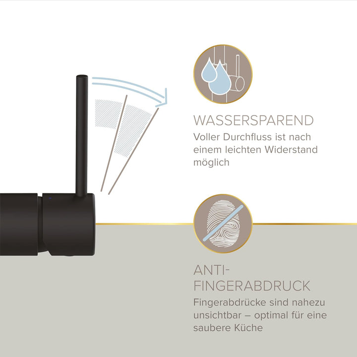 Lenz Küchenarmatur LIO Schwarz-matt – Hoher und 360° schwenkbarer Auslauf | Spültischarmatur mit 2-M