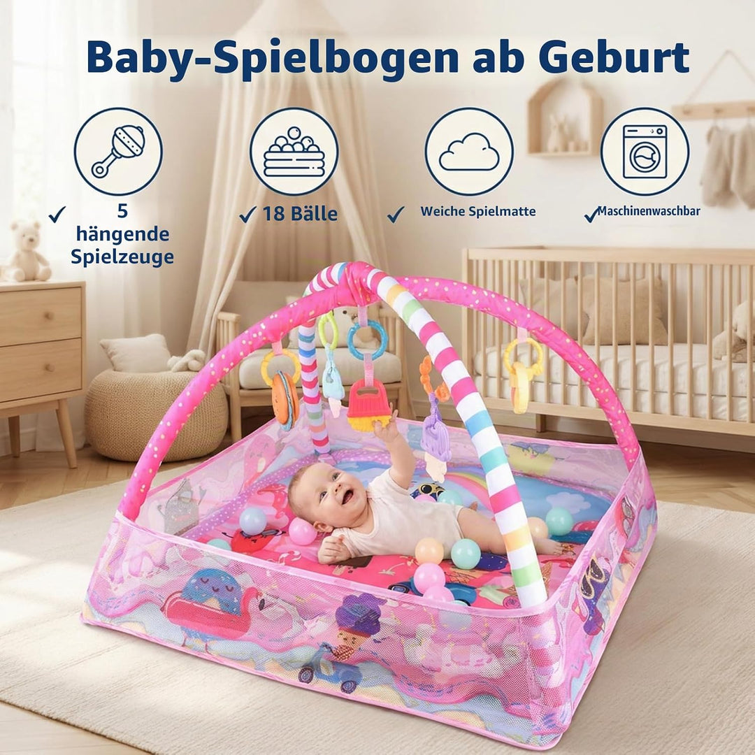 Bebamour Baby Spielmatten Bodenturngeräte von Geburt an, 18 Bälle, 5PCS Hängespielzeug, weiche Baby