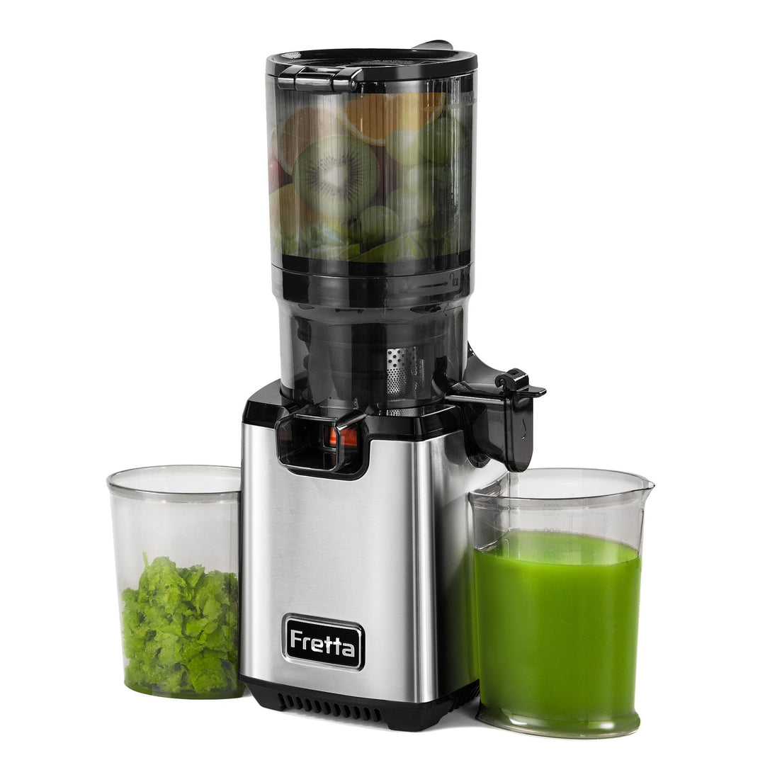 Fretta Entsafter Slow Juicer, Edelstahl Entsafter Gemüse und Obst Testsieger, 135MM Öffnung & 1,8L J