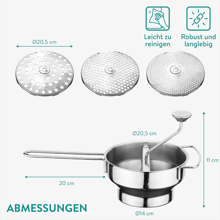 Navaris Passiergerät aus Edelstahl mit 3x Siebeinsatz - Passiermühle für Suppe Marmelade Baby Brei S