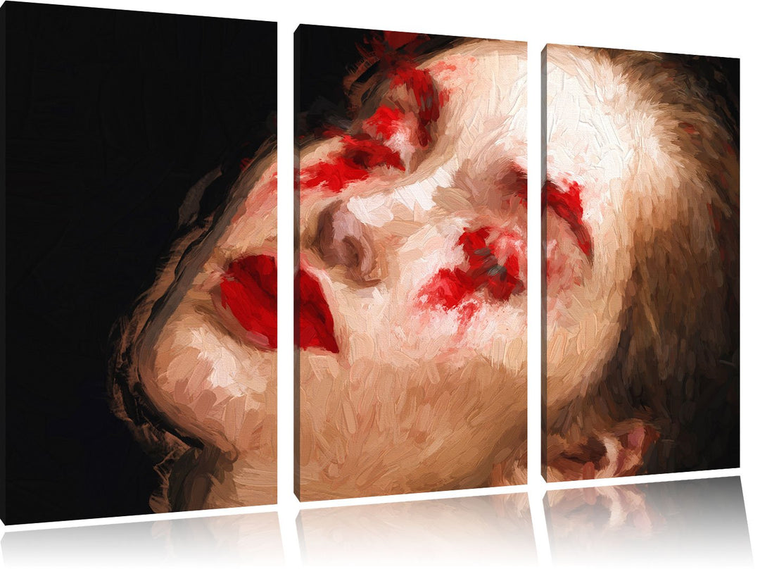 Frau mit roten Puder Pinsel Effekt 3-Teiler Leinwandbild 120x80 Bild auf Leinwand, riesige Bilder fe